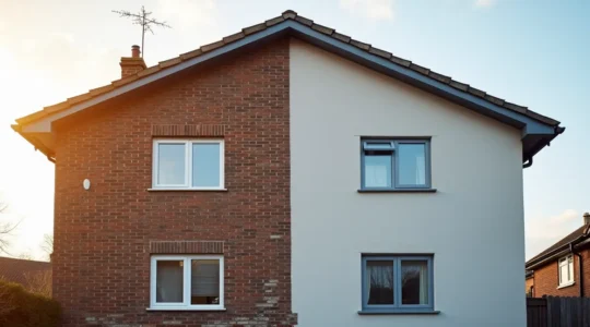 Une façade rénovée avec isolation thermique par l'extérieur, montrant la transformation d'un mur ancien en surface moderne et isolée