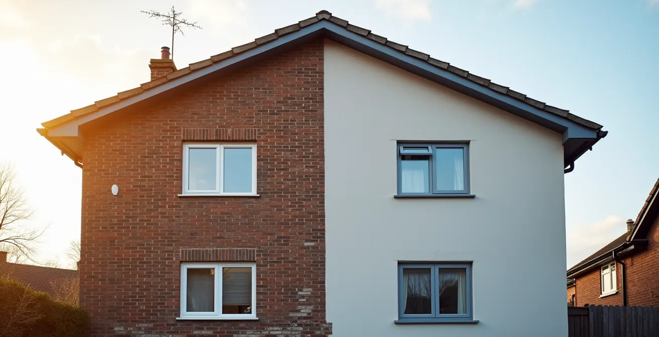 Une façade rénovée avec isolation thermique par l'extérieur, montrant la transformation d'un mur ancien en surface moderne et isolée