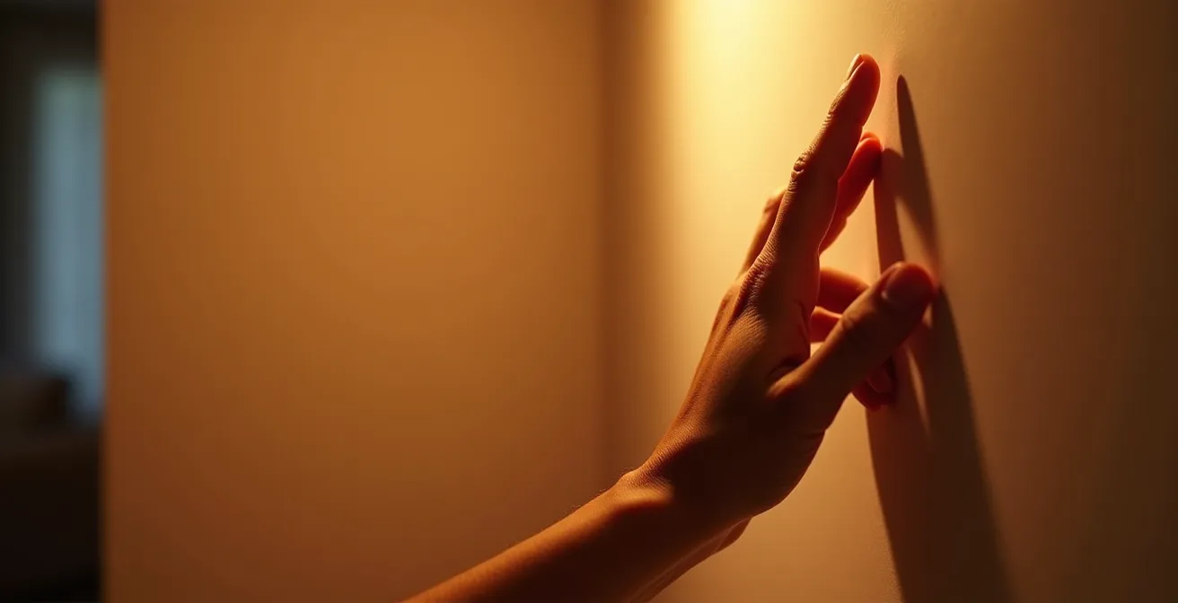 Représentation sensorielle du confort thermique : une main ressentant la chaleur douce d'une surface isolée, symbolisant l'élimination de l'effet paroi froide