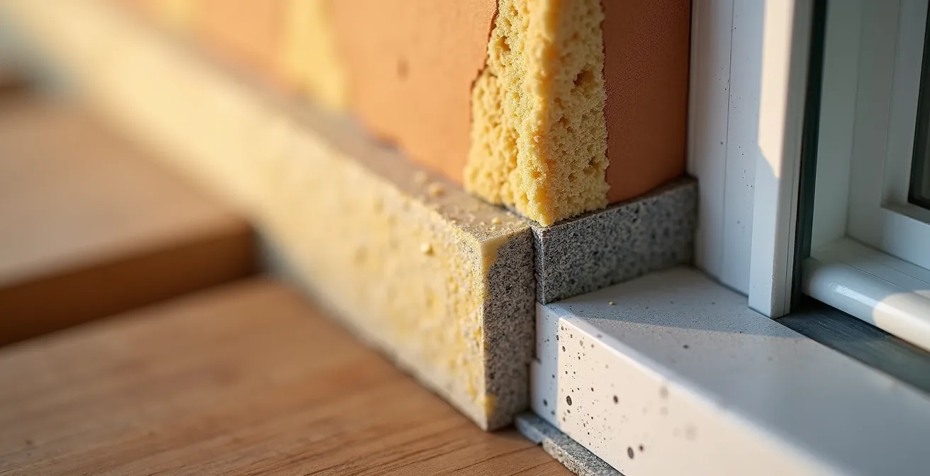 Gros plan technique montrant le traitement précis d'un pont thermique au niveau d'un appui de fenêtre avec isolant de continuité