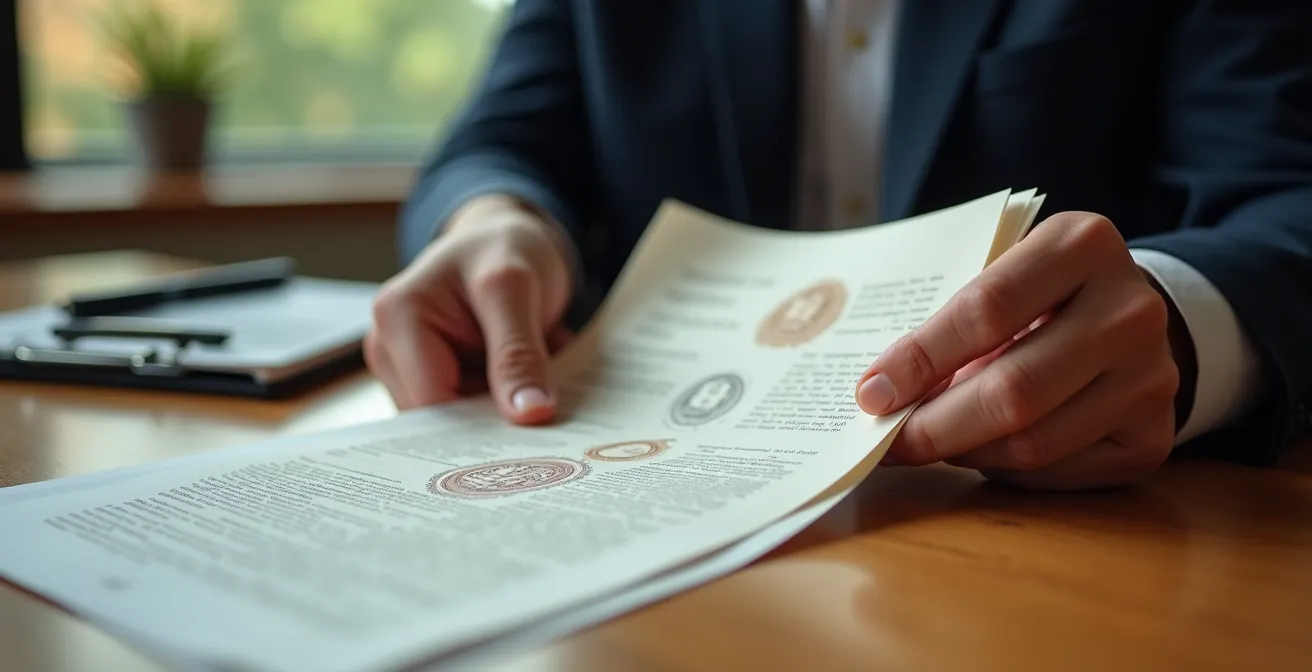 Propriétaire vérifiant des documents officiels sur une table de travail