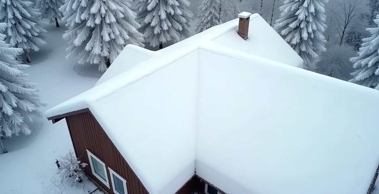Vue aérienne d'une toiture résidentielle sous forte accumulation de neige